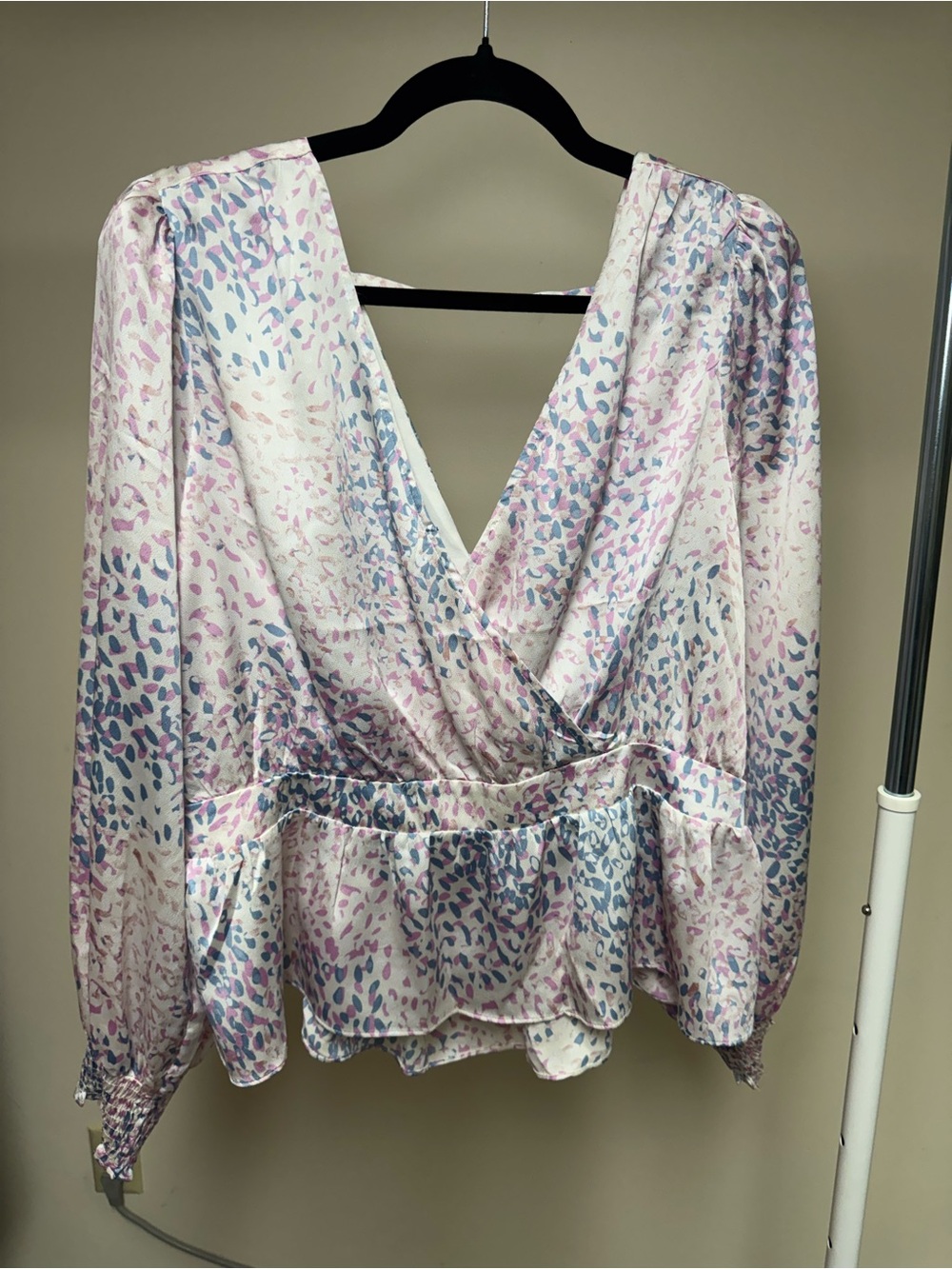 Express Printed Pink and Blue V-Neck Ruffle Peplum Blouse